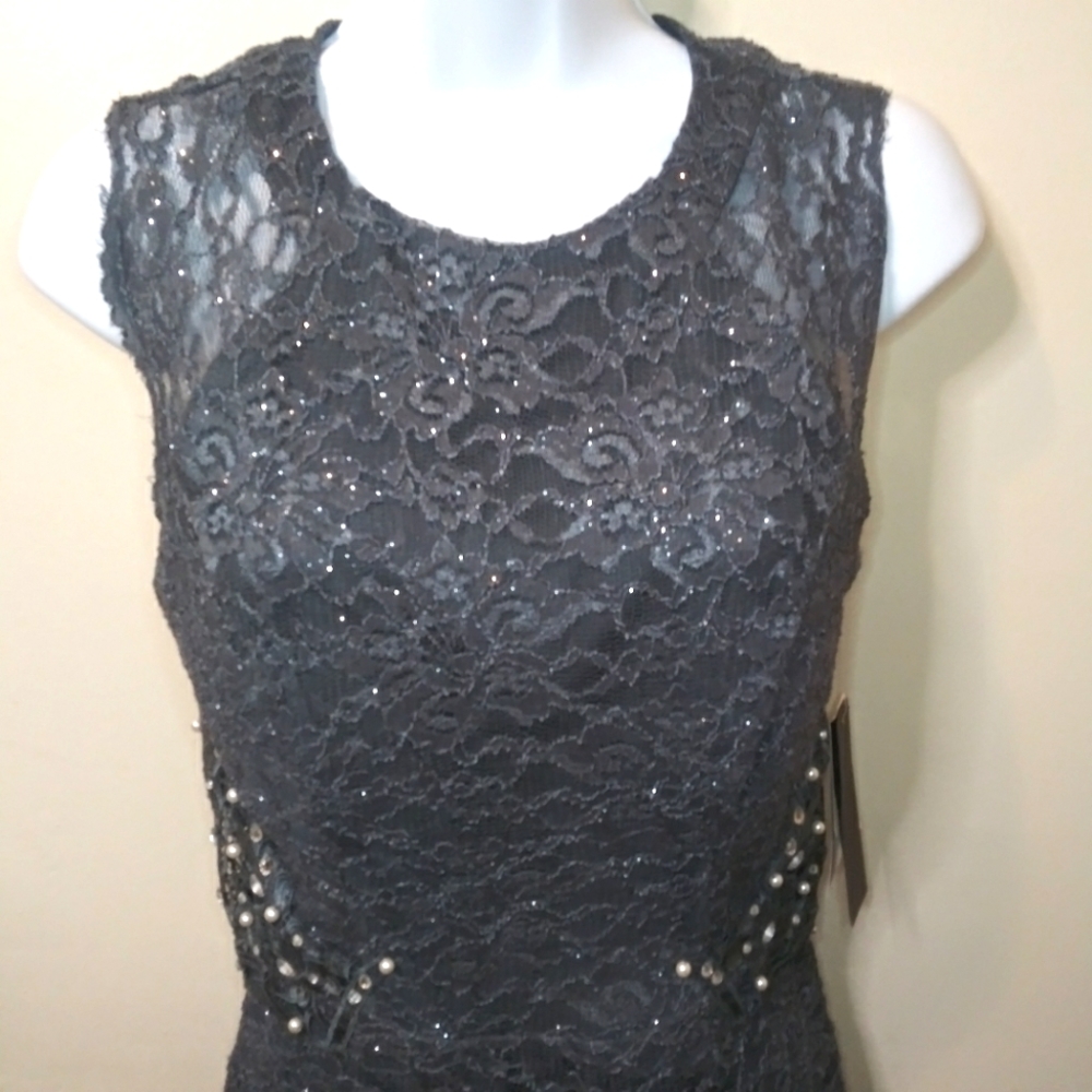 City Studio Pearl & Rhinestone Studded Sparkly Gray Lace Sheath Cocktail Dress - Picture 2 of 14